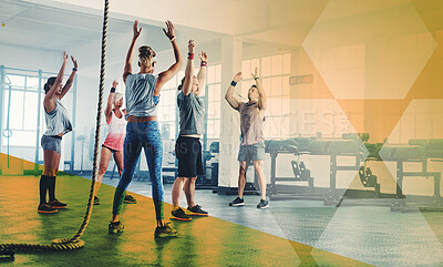 Buy stock photo Fitness, hands up and group of people exercise, workout and training in gym class. Athlete men and women together for power challenge, commitment and stretching at a club with a mockup overlay
