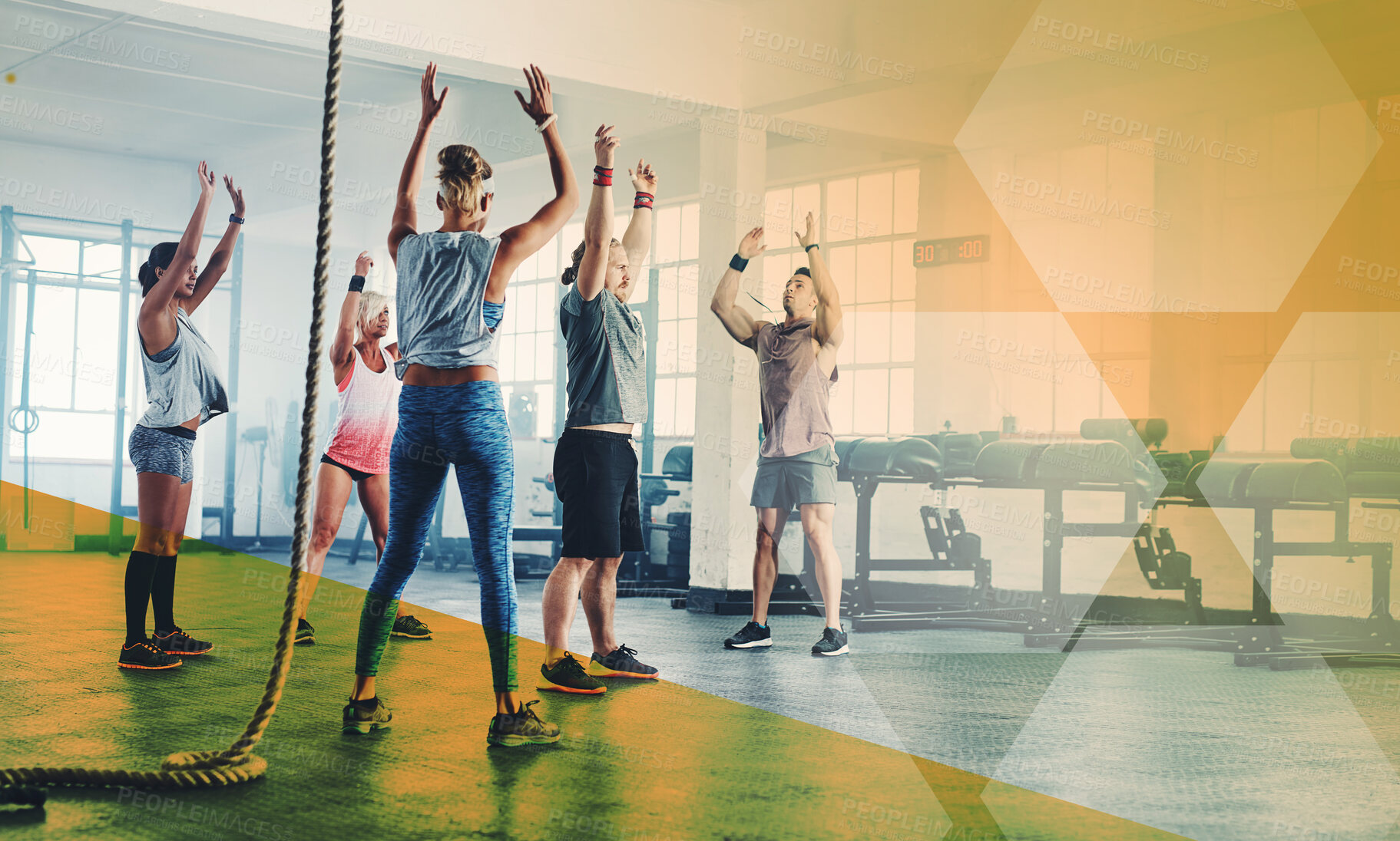 Buy stock photo Fitness, hands up and group of people exercise, workout and training in gym class. Athlete men and women together for power challenge, commitment and stretching at a club with a mockup overlay
