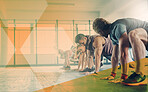 Fitness people, group and low lunge exercise at gym for workout or training in class. Athlete men and women together for power challenge, commitment or strong muscle at club with a mockup overlay