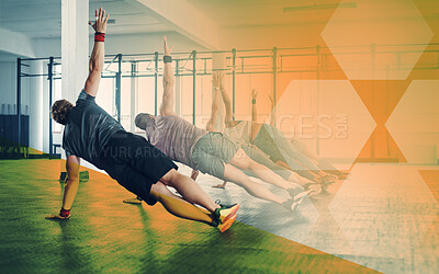 Buy stock photo Fitness people, gym and group side plank exercise, workout and training in class. Athlete men and women from back for power challenge, commitment or strong muscle at a club with mockup overlay
