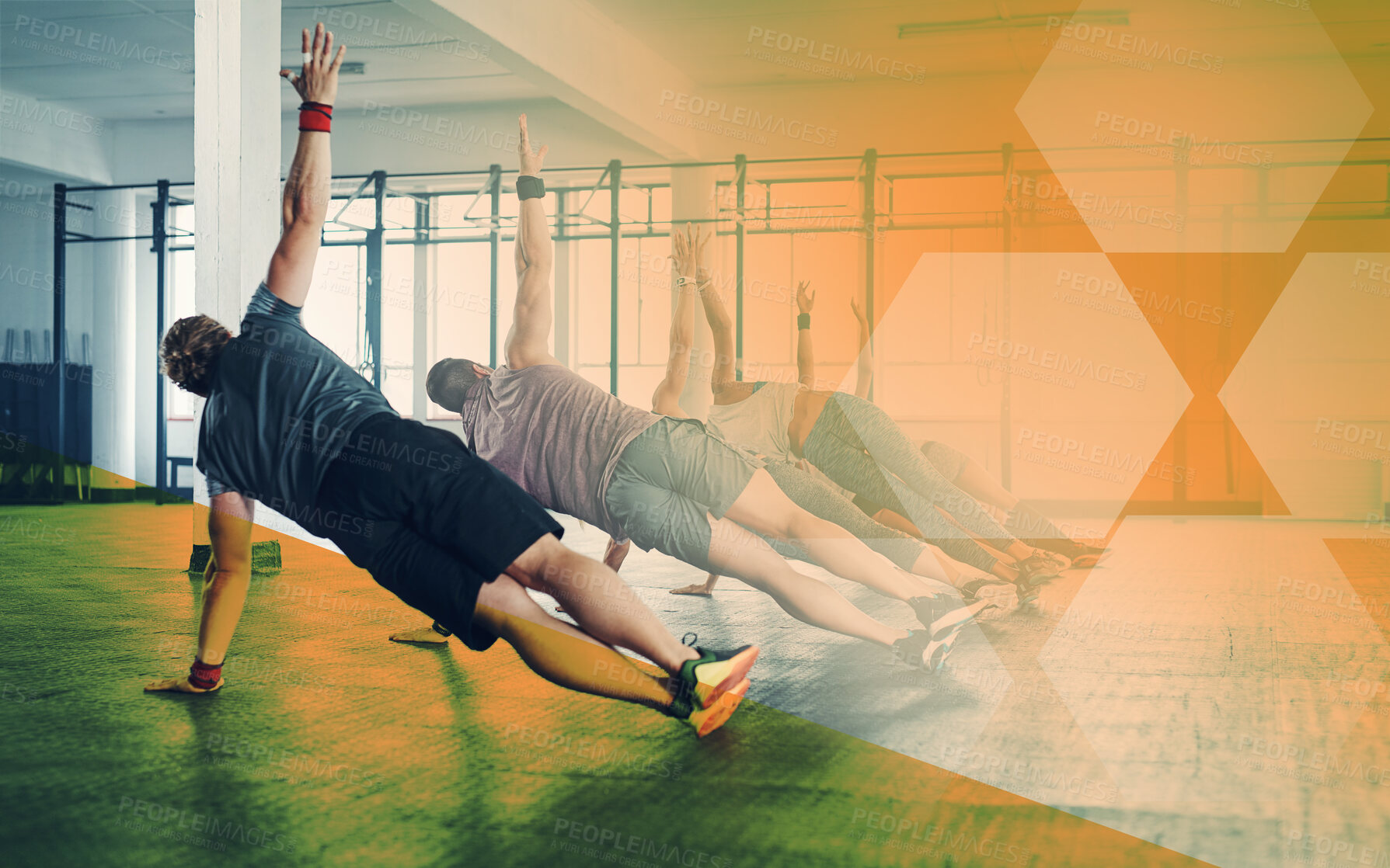 Buy stock photo Fitness people, gym and group side plank exercise, workout and training in class. Athlete men and women from back for power challenge, commitment or strong muscle at a club with mockup overlay
