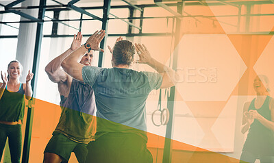 Buy stock photo Fitness, men and high five to celebrate success at gym with group in class for power challenge or motivation. Athlete people together at club for training, exercise goals and celebration with overlay