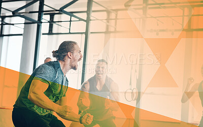 Buy stock photo Fitness, man and scream to celebrate success at gym with group in class for power challenge or strong muscle. Athlete people together for workout, motivation or exercise goals with mockup overlay