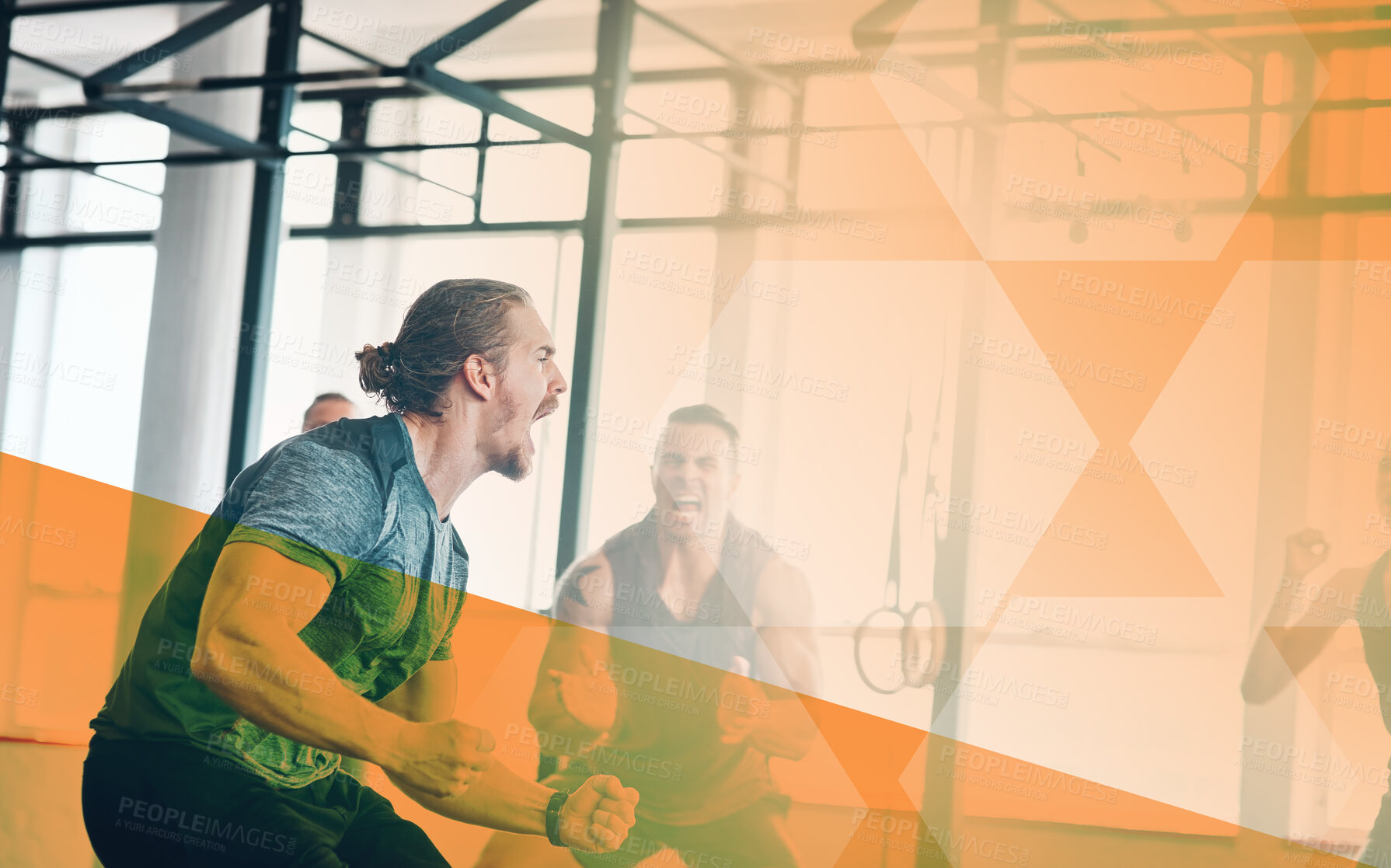 Buy stock photo Fitness, man and scream to celebrate success at gym with group in class for power challenge or strong muscle. Athlete people together for workout, motivation or exercise goals with mockup overlay