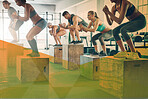 Box jump, fitness and exercise with people at gym for workout and cross training. Athlete men and women group together for power challenge, commitment and strong muscle in class or club with overlay
