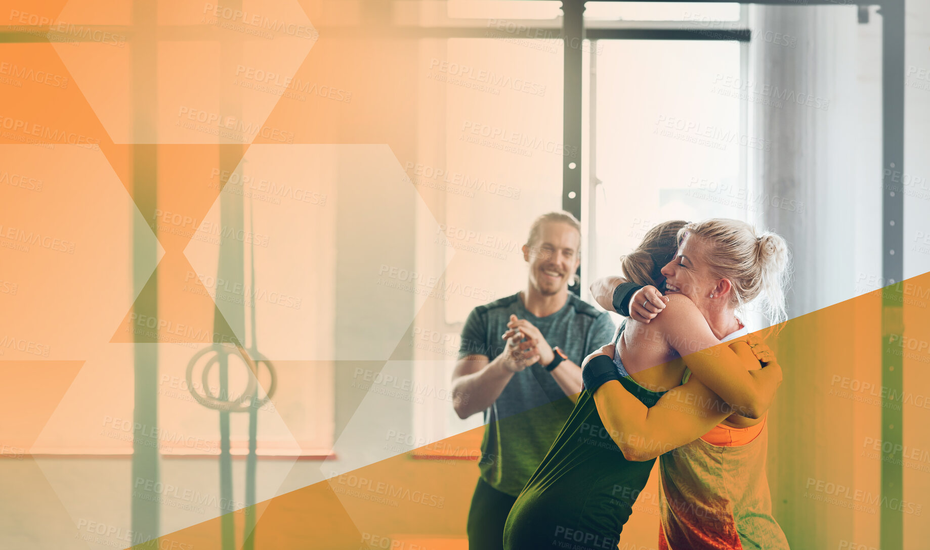 Buy stock photo Hug, gym and women celebrate success for exercise, workout and training goals or win. Athlete group happy about power challenge, support or achievement at health and wellness club with mockup overlay