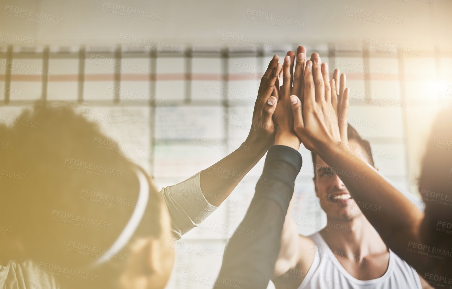 Buy stock photo Hands, high five and collaboration of people in gym for fitness, team building and solidarity. Teamwork, group of friends and celebration for exercise targets, goals or support, motivation or success