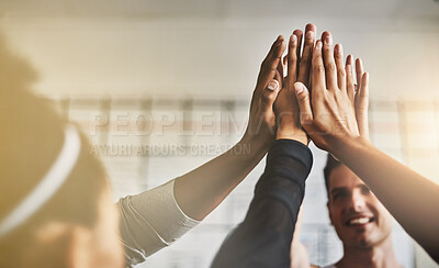 Buy stock photo Hands, high five and teamwork of people in gym for fitness, team building and solidarity. Collaboration, group of friends and celebration for exercise targets, goals or support, motivation or success