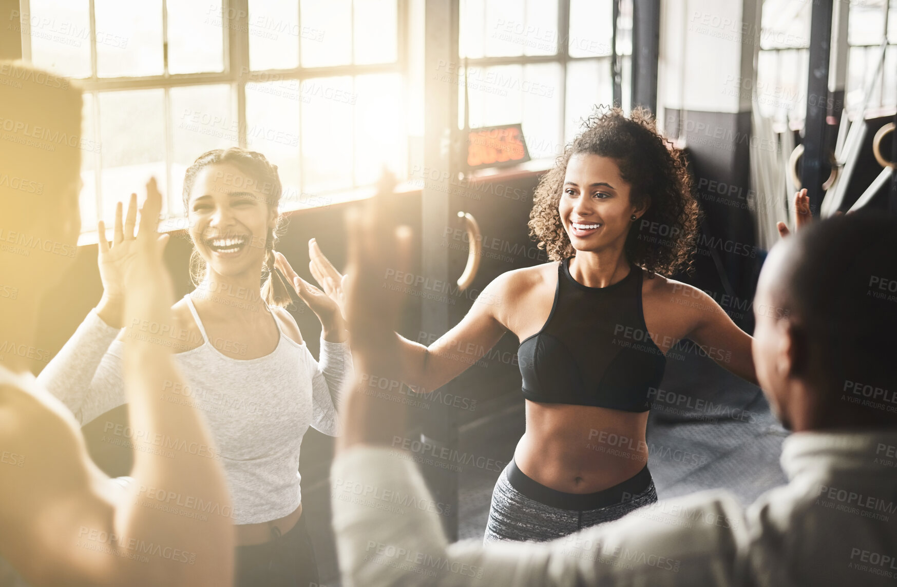 Buy stock photo High five, funny and teamwork of friends in gym for fitness, team building and solidarity. Collaboration, group of people and celebration for exercise targets, goals or support, motivation or success