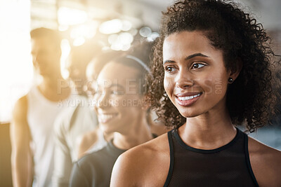 Buy stock photo Row, smile and people at the gym for fitness, training and thinking of exercise. Happy, looking and a group of friends at a club for a workout, cardio and ideas for wellness class together as team