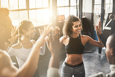 Buy stock photo Laughing, high five and collaboration of people in gym for fitness, team building and solidarity. Teamwork, group of friends and celebration for sports targets, goal or support, success or trust.