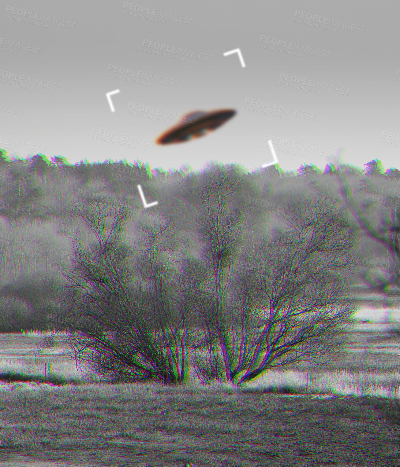 Buy stock photo UFO, alien and camcorder on a camera screen to record a flying saucer in the sky over area 51. Viewfinder, motion blur and conspiracy with a spaceship on a recording device display outdoor in nature