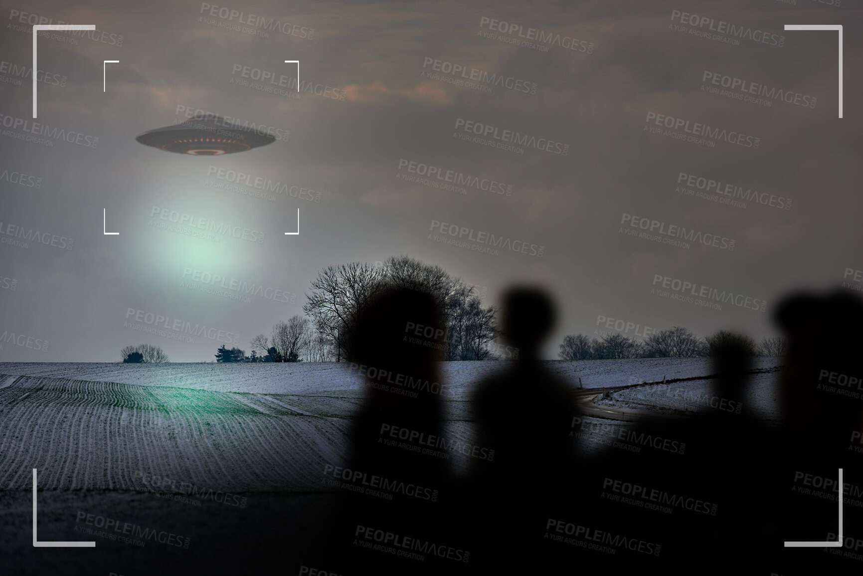 Buy stock photo UFO, alien and camcorder on a camera display to record a flying saucer in the sky over area 51. Viewfinder, sighting and conspiracy with a spaceship on a recording device screen outdoor in nature