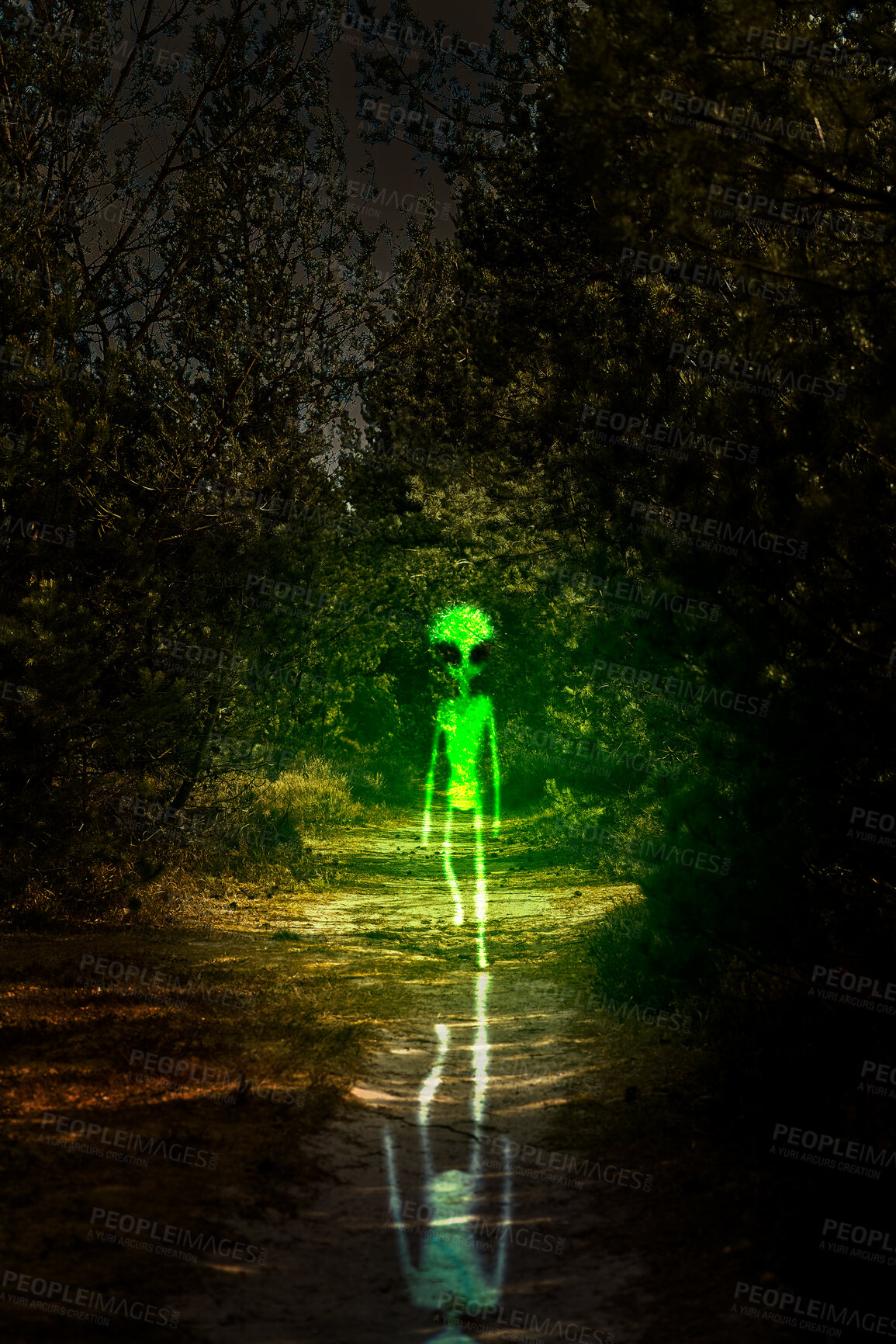 Buy stock photo Alien, night and creature walking for horror, fantasy or graphic design in nature, forest or planet earth of green glow. Science fiction, silhouette or scary extraterrestrial in dark or outdoor woods