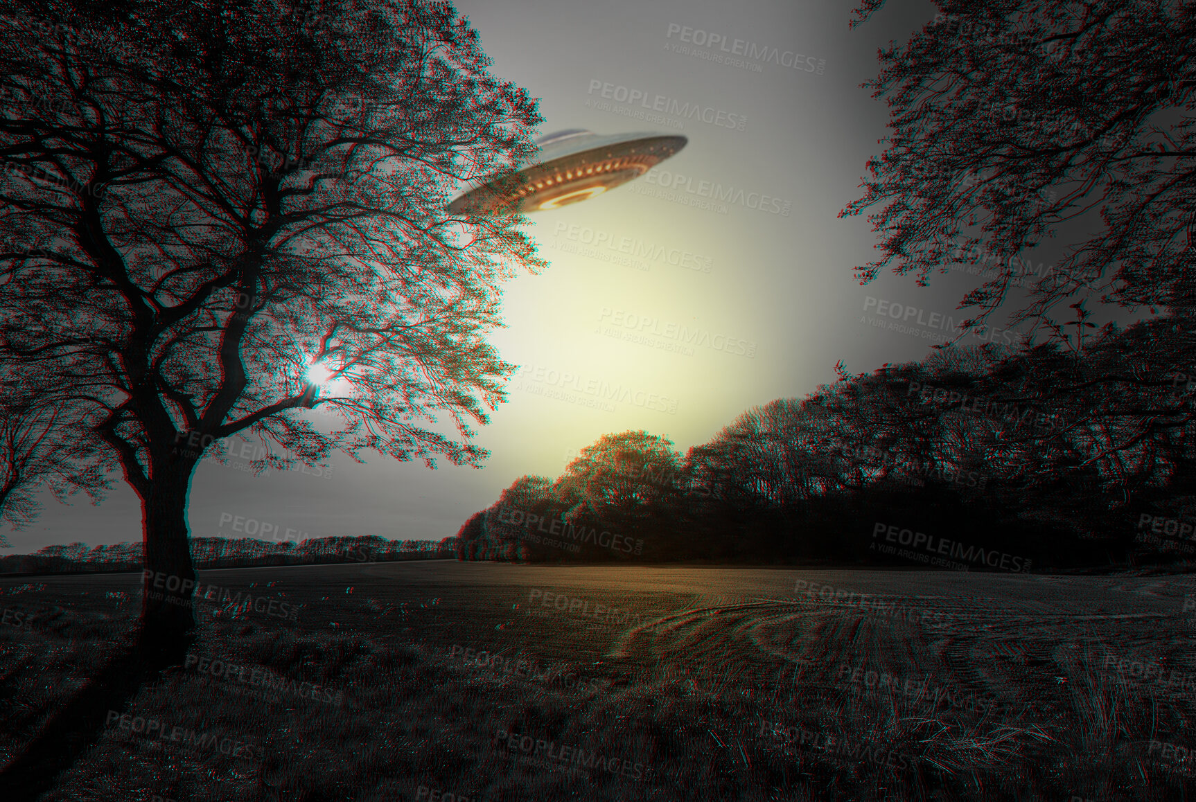 Buy stock photo Ufo, forest and spaceship with nature, alien and futuristic with fantasy and travel. Saucer, extraterrestrial and vessel flying over woods, trees or earth with science fiction and invasion