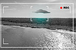 UFO, alien and camera viewfinder with a spaceship flying in the gray sky over area 51 for an invasion. Camcorder, spacecraft and conspiracy with a saucer on a display to record a sighting of aliens