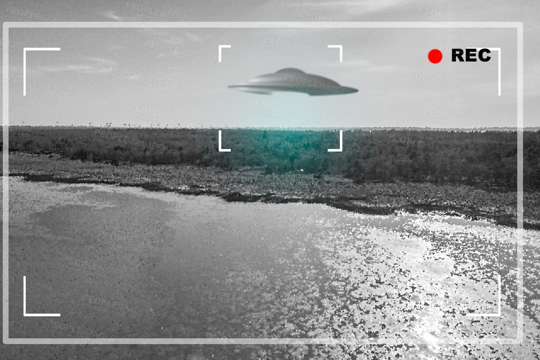 Buy stock photo UFO, alien and camera viewfinder with a spaceship flying in the gray sky over area 51 for an invasion. Camcorder, spacecraft and conspiracy with a saucer on a display to record a sighting of aliens