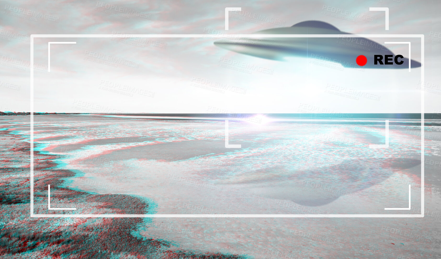 Buy stock photo UFO, alien and viewfinder on a camcorder screen with a spaceship flying in the sky over area 51. Camera, spacecraft and conspiracy theory with a saucer on a display to record a sighting of aliens