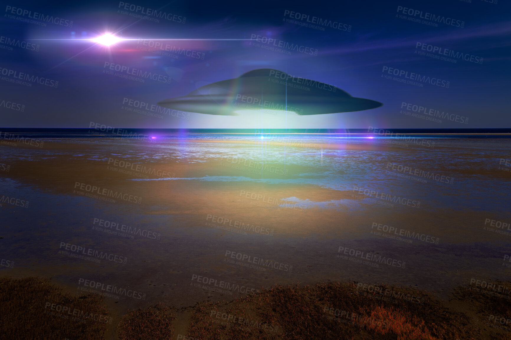 Buy stock photo Contact, spaceship and ufo with glow, earth and extraterrestrial with lights. Saucer, machine and transport for outer space, galaxy and futuristic with with mystery, science fiction and invasion