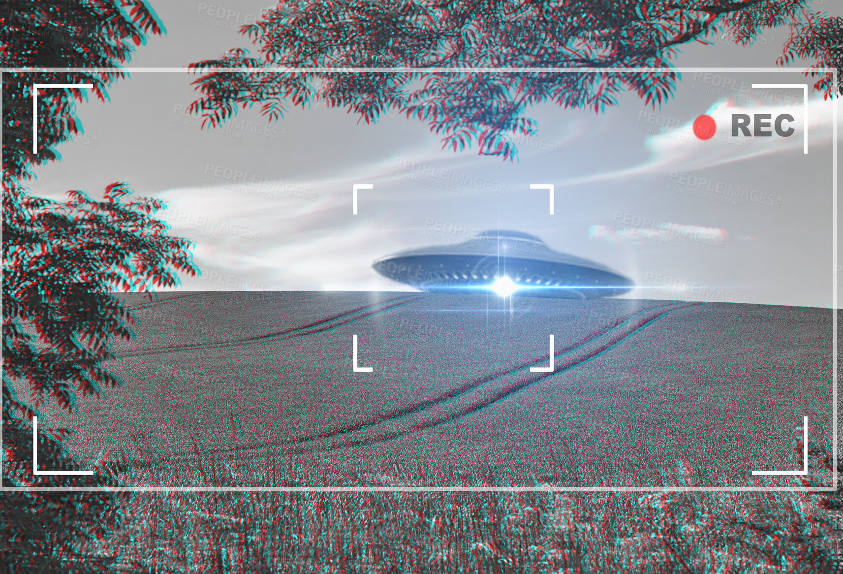 Buy stock photo UFO, alien and camera viewfinder with a spaceship flying in the sky over area 51 for an invasion. Camcorder, spacecraft and conspiracy theory with a saucer on a display to record a sighting of aliens