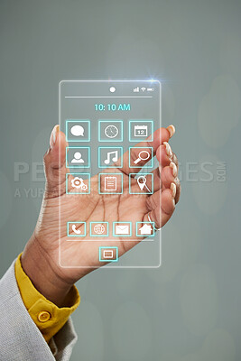 Buy stock photo Woman, hands and futuristic phone UI, dashboard or virtual interface with software icons on mockup space. Hand of female person holding digital ui, future technology or multimedia hologram system
