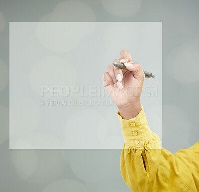 Buy stock photo Hand, writing and digital pen on space of woman in advertising, marketing or UI design. Female person or writer drawing on blank, empty or square box for web on touch screen notes or doodle on hud