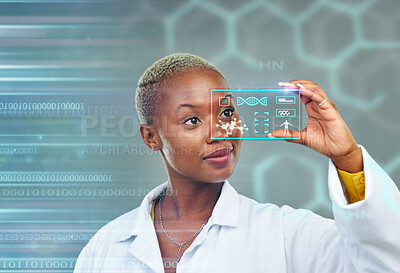 Buy stock photo Black woman, doctor and futuristic screen for digital DNA, science or data analytics on overlay. African female person or medical professional in future technology or research for holographic sample