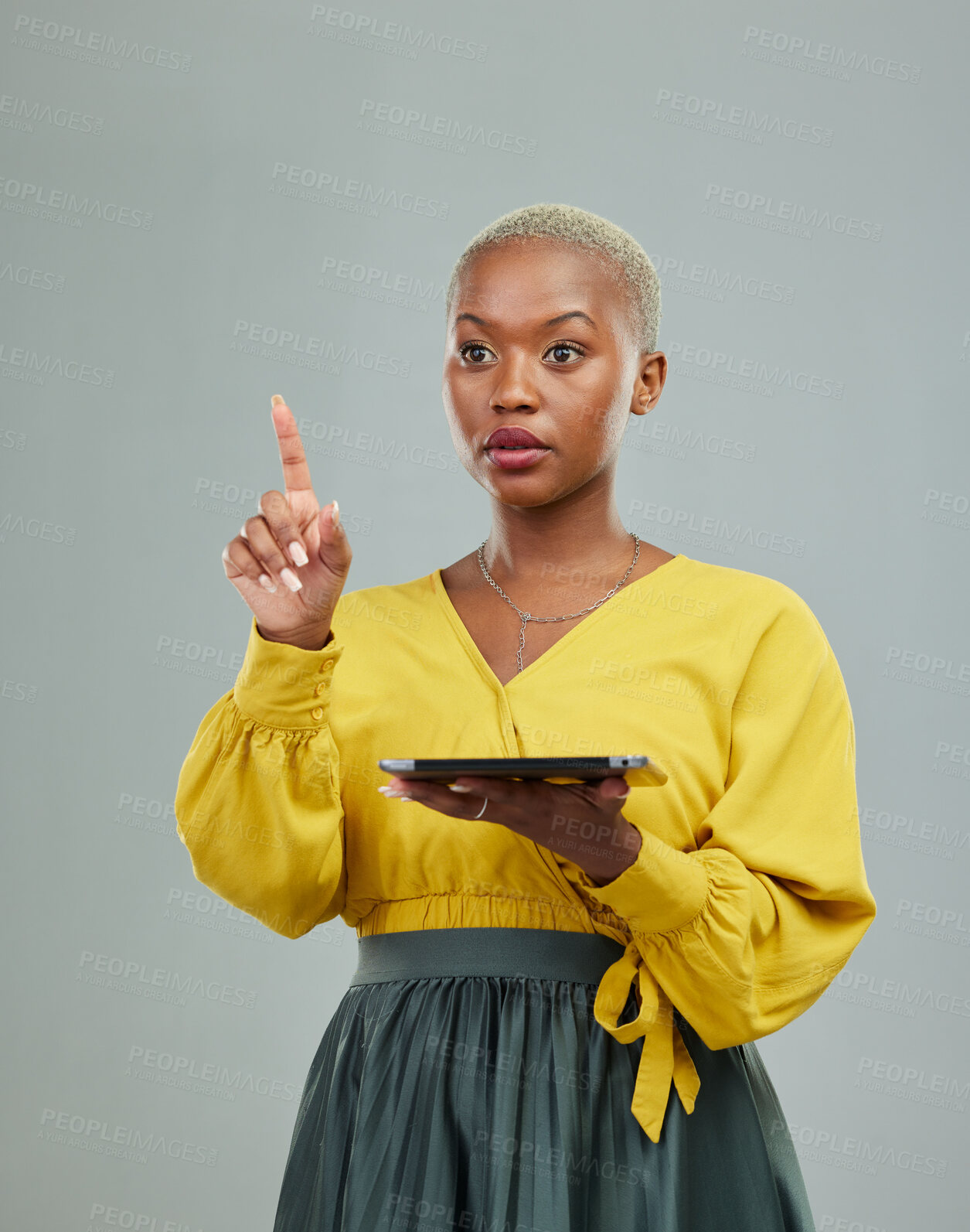 Buy stock photo Woman, click invisible button and tablet with choice on app, ux and futuristic interface by background. African girl, digital touchscreen and press with hand, analysis or planning on virtual display