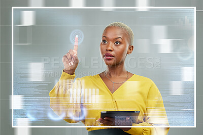 Buy stock photo Black woman, tablet and touching futuristic screen for digital innovation, planning or data overlay. African female person or employee working on future touch technology, hud or dashboard display