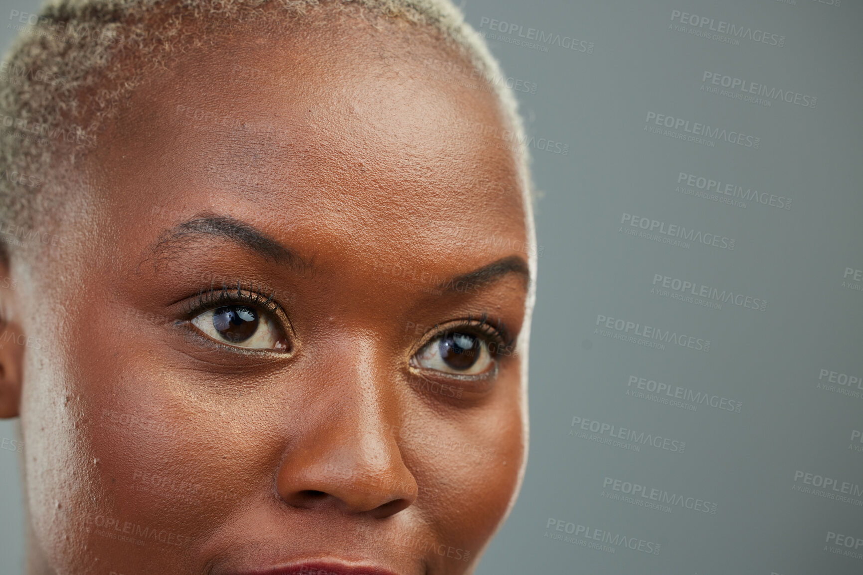 Buy stock photo African woman, closeup headshot and thinking in studio for vision, strategy or ideas by background. Girl, mindset and looking to future, life or career with eyes, focus and solution by grey backdrop