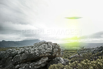 Buy stock photo UFO, sky and spaceship with lights over mountain for extraterrestrial, surreal or alien invasion. Spacecraft, war or world domination by drone in flight in nature for fantasy or outer space abduction