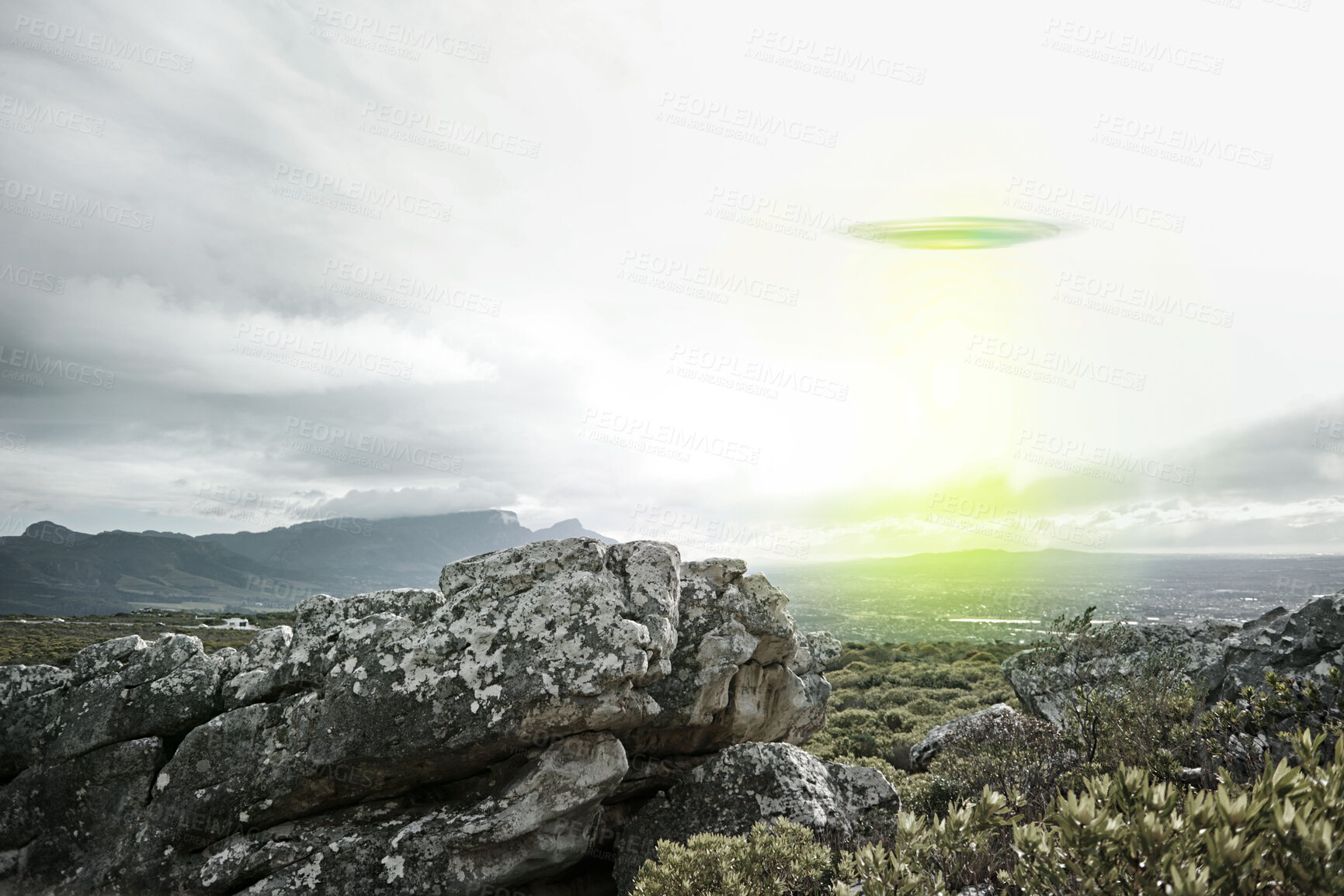 Buy stock photo UFO, sky and spaceship with lights over mountain for extraterrestrial, surreal or alien invasion. Spacecraft, war or world domination by drone in flight in nature for fantasy or outer space abduction
