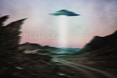 Buy stock photo Spaceship, sky and ufo with lights over mountain for outer space, surreal or alien invasion. Spacecraft, spotlight or classified secret mission by flying saucer outdoor for fantasy or science fiction
