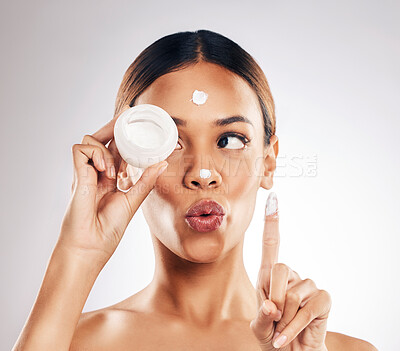 Buy stock photo Face cream, product and woman in studio for skincare, cosmetic and repair treatment on grey background. Facial, sunscreen and female model with lotion, mask or dermatology, beauty and container