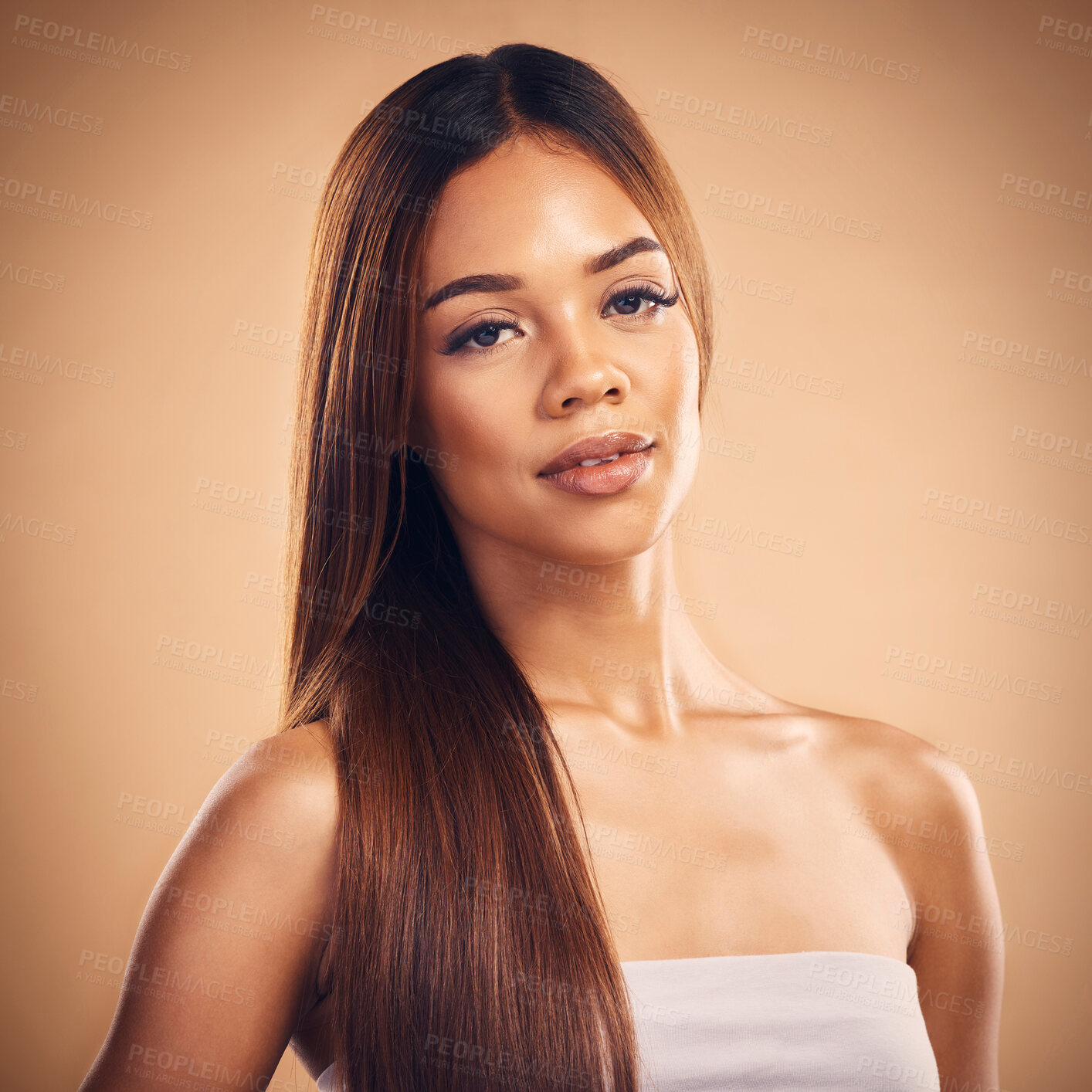 Buy stock photo Woman, hair style and beauty in studio portrait with cosmetic wellness, glow and shine by brown background. Girl, latino model and haircare with makeup, health and cosmetics with growth by backdrop
