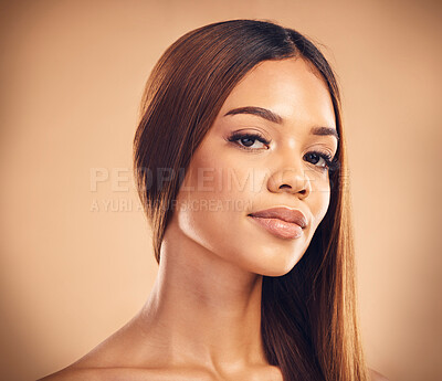 Buy stock photo Face, hair and portrait of woman in studio for wellness, keratin treatment and haircare aesthetic. Beauty salon, hairdresser and female person on brown background for growth, shine and texture