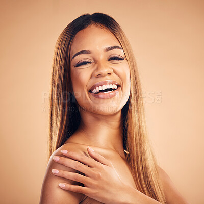Buy stock photo Happy, hair care and portrait of woman with smile for wellness, keratin treatment and makeup in studio. Salon, hairdresser and face of female model on brown background for glow, beauty and cosmetics