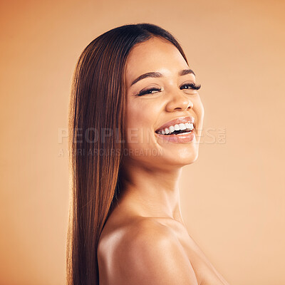 Buy stock photo Woman, hair style and health in studio portrait with cosmetic beauty, glow and shine by brown background. Girl, latino model and haircare with makeup, wellness and aesthetic with growth by backdrop