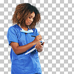 Healthcare, clipboard and mockup with a nurse black woman writing. Medical, documents and insurance with a female medicine professional on blank mock up space isolated on a png background