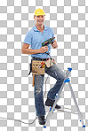 Portrait, construction and a DIY man in studio isolated on a png background with a ladder and drill. Building, design and industry with a male handyman using an electric tool for renovation