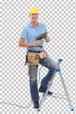 Buy stock photo Happy man in portrait, handyman with power tools and maintenance worker with drill isolated on transparent, png background. Manual labour, DIY and professional trade, male person does home renovation