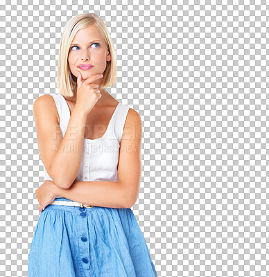 Buy stock photo Woman is thinking with ideas, inspiration and memory with decision or choice isolated on transparent or png background. Young female, think with doubt and question with curious person