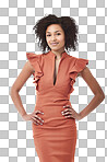 A an elegant ethnic woman with her hands on her hips looking confidently at the camera isolated on a png background