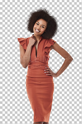 Buy stock photo Woman, fashion and proud smile portrait with confidence and happiness. Happy face, African female person and model with confident and trendy youth style isolated on a transparent, png background
