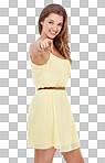 Attractive woman smiling and pointing at the camera isolated on a png background