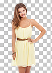 A woman in a yellow dress standing with his hand on his hips isolated on a png background