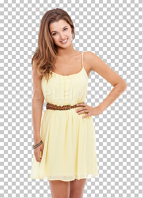 Buy stock photo Woman in portrait with smile, fashion and stylish in yellow summer dress isolated on transparent, png background. Young female model, posing with confidence and beauty, designer clothes and glamour