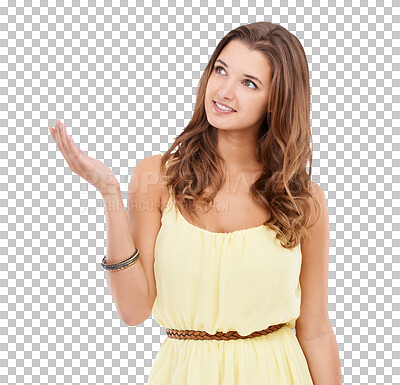 Buy stock photo Woman with presentation, marketing and promo with fashion ambassador in yellow dress isolated on transparent, png background. Show, summer deal with female model smile and boutique sale announcement