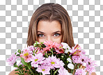 An attractive woman holding a bouquet of flowers isolated on a png background