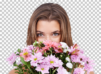 Buy stock photo Isolated woman, portrait and hide with flowers for present, gift or spring aesthetic by transparent png background. Girl, model or floral bouquet with hidden face on valentines day, birthday or event